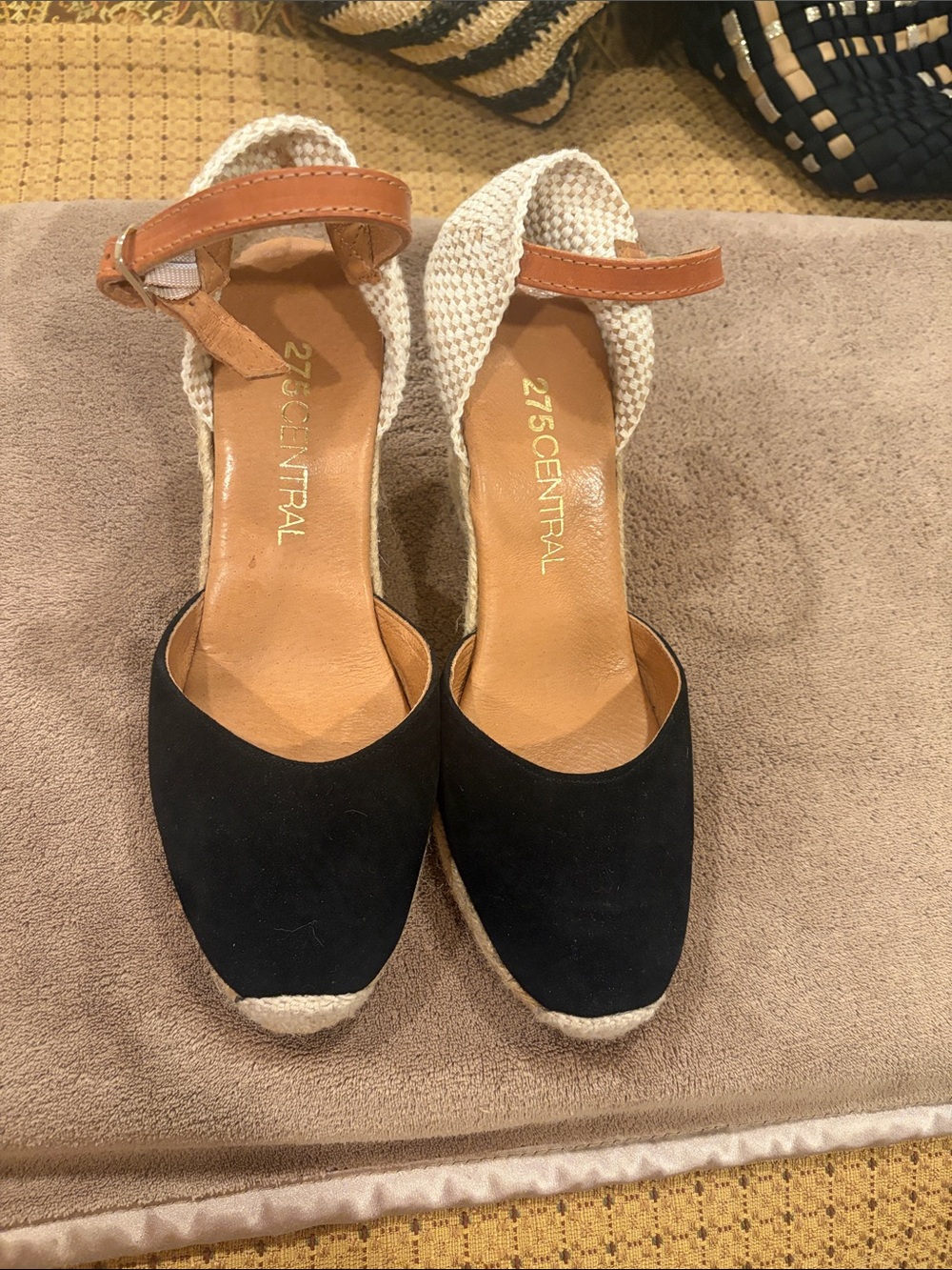 275 Central Black Espadrille Wedges with Tan Ankle Strap and Cream Braided Heel